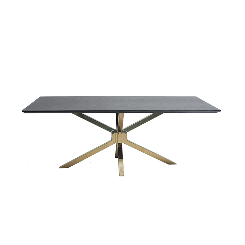 RDT-9228 Mesa de jantar retangular de madeira de carvalho temperado com design cruzado base de metal de aço inoxidável